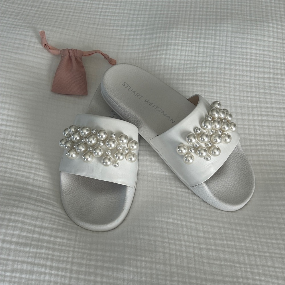 Stuart Weitzman White Slides with Pearl Accents